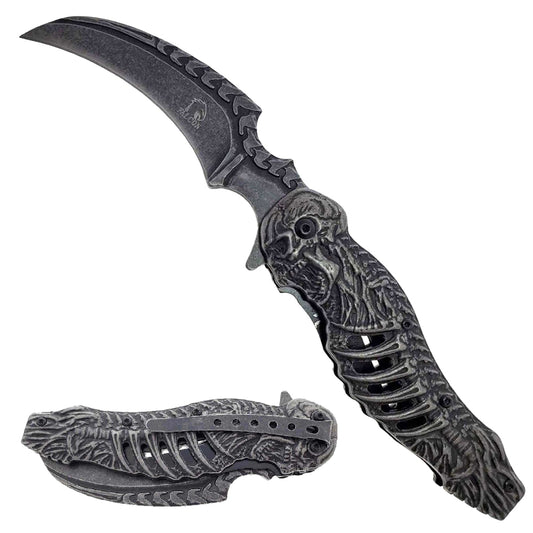 Falcon 7.75" Spring Assisted Knife Black Skull - KS3612BK