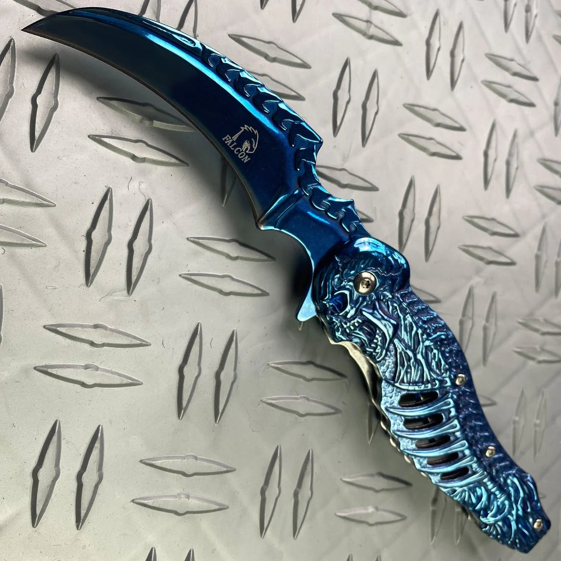 Falcon 7.75" Spring Assisted Knife Blue Skull - KS3612BL