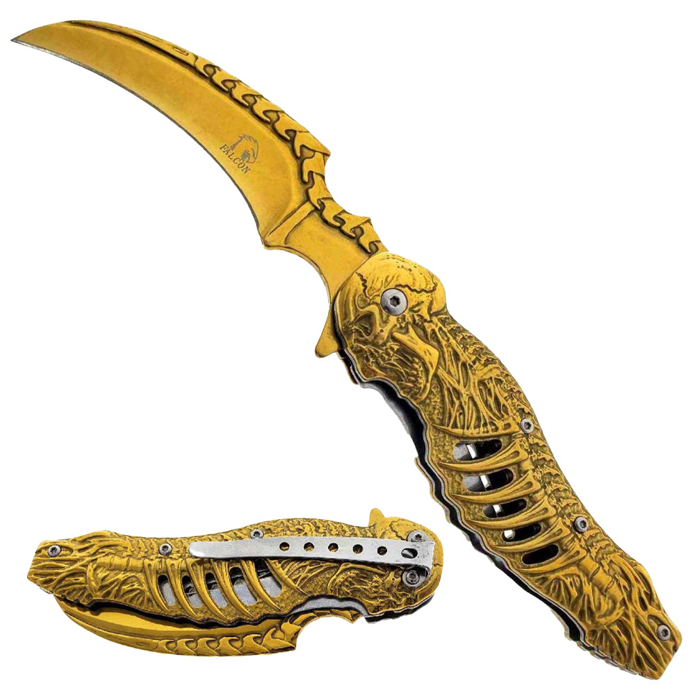 Falcon 7.75" Spring Assisted Knife Gold Skull - KS3612GD