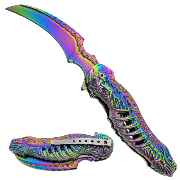 Falcon 7.75" Spring Assisted Knife Rainbow Skull - KS3612RB