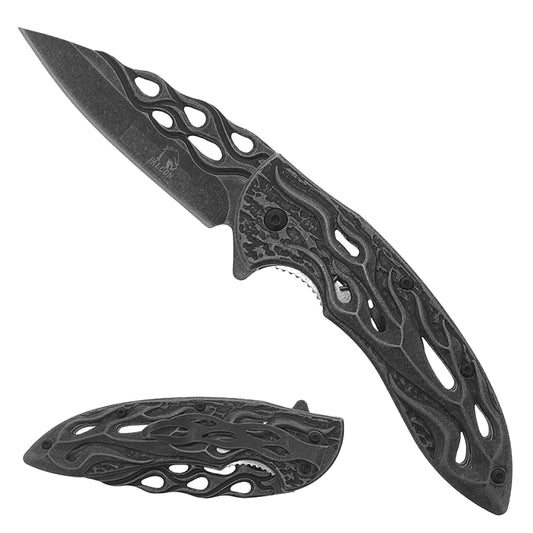 Falcon Black 8" Spring Assisted Pocket Knife w/ABS 3D Flame Blade - KS3614BK