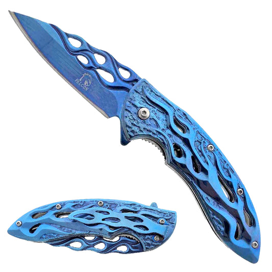 Falcon Blue 8" Spring Assisted Pocket Knife w/ABS 3D Flame Blade - KS3614BL