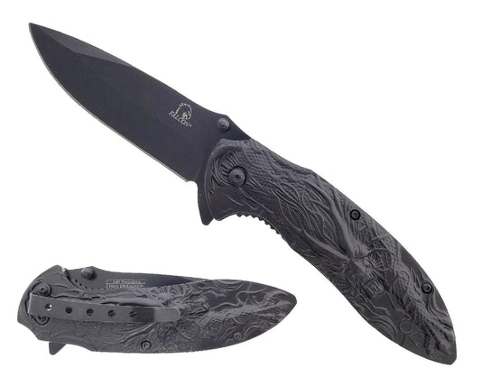 Falcon 3" Black Titanium Blade 4.75" Black Steel Handle with Kirin (Qilin) Engraving - KS3764BK