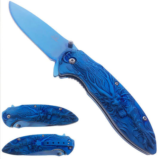 Falcon 3" Blue Titanium Blade 4.75" Blue Steel Handle with Kirin (Qilin) Engraving - KS3764BL