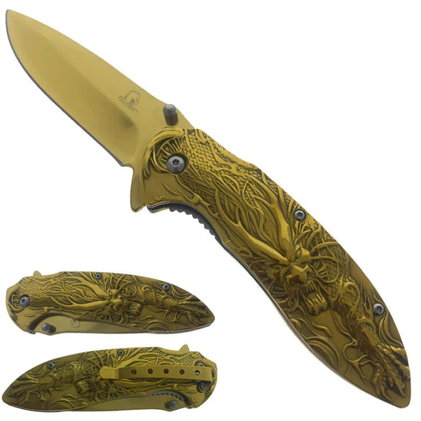 Falcon 3" Gold Titanium Blade 4.75" Gold Steel Handle with Kirin (Qilin) Engraving - KS3764GD