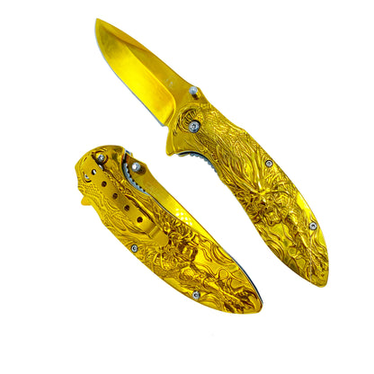 Falcon 3" Gold Titanium Blade 4.75" Gold Steel Handle with Kirin (Qilin) Engraving - KS3764GD