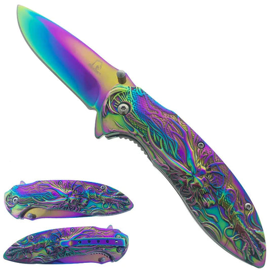 Falcon 3" Rainbow Titanium Blade 4.75" Rainbow Steel Handle with Kirin (Qilin) Engraving - KS3764RB