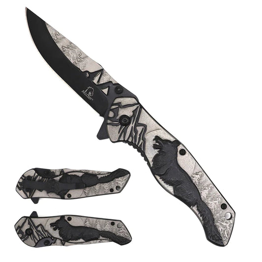 Falcon 8 1/4" Overall Knife w Grey/Black Wolf Design - KS3780BK