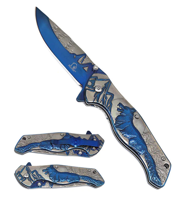 Falcon 8 1/4" Overall Knife w Grey/Blue Wolf Design - KS3780BL