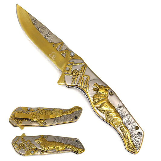 Falcon 8 1/4" Overall Knife w Grey/Gold Wolf Design - KS3780GD