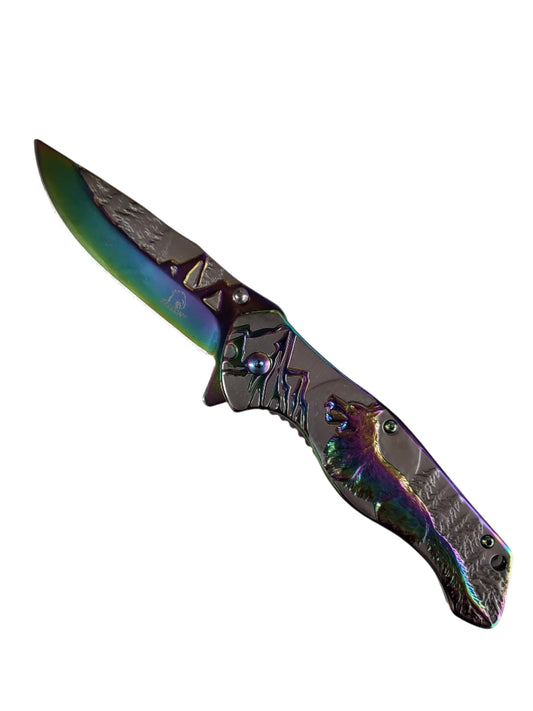 Falcon 8 1/4" Overall Knife w Grey/Rainbow Wolf Design - KS3780RB