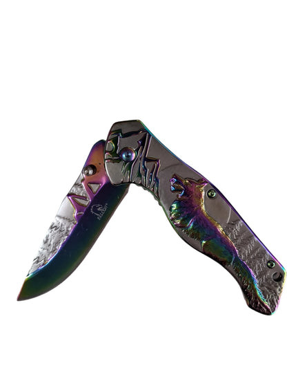 Falcon 8 1/4" Overall Knife w Grey/Rainbow Wolf Design - KS3780RB