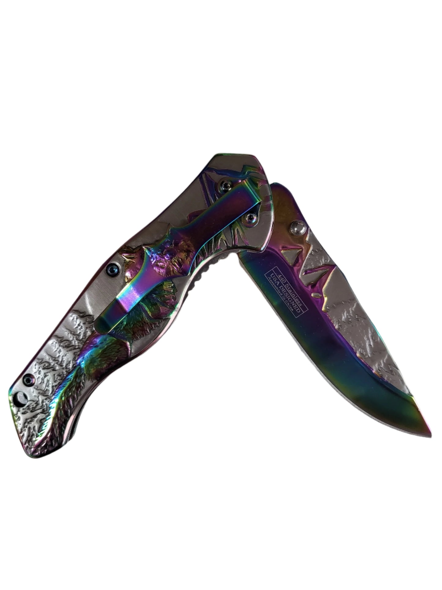 Falcon 8 1/4" Overall Knife w Grey/Rainbow Wolf Design - KS3780RB