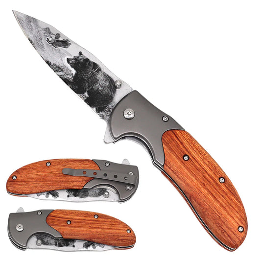 8.5" Overall Semi-Automatic Folding Knife with Bear Printed Blade - KS3783BR