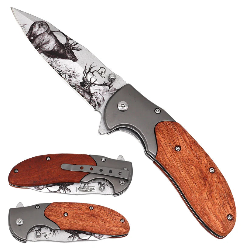 8.5" Overall Semi-Automatic Folding Knife with Deer Printed Blade - KS3783DR