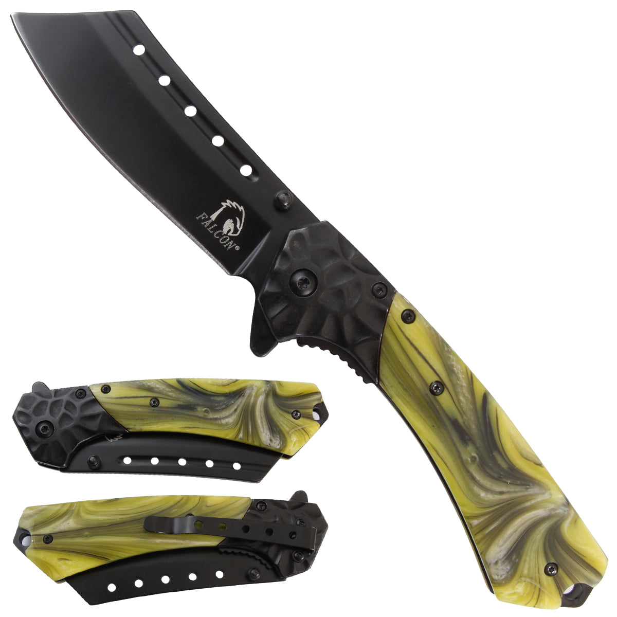 Falcon Spring assisted knife with yellow stainless steel bolster -KS3803BKGA