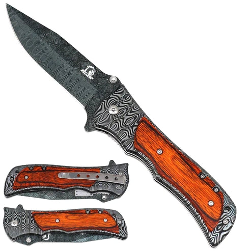 8" Damascus Blade Spring Assisted Knife Rainbow & Wood Handle - KS3868DM-4
