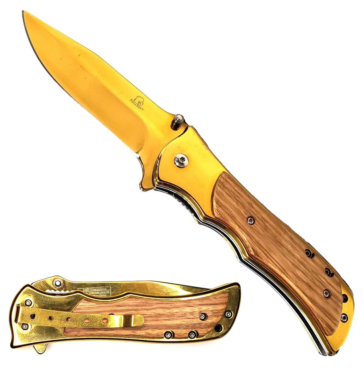 Falcon 7.75" Spring Assisted Gold Knife Steel Handle w/ Gold and Wood - KS3868GDZ