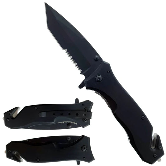 8" Black Folding Knife with seat belt cutter and glass breaker - KS4261BK-1