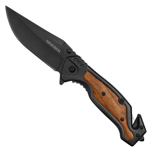Wartech 8.5" Black Spring Assisted Pocket Knife with Black Wood inlay handle - PWT125BK