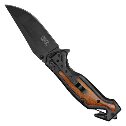 Wartech 8.5" Black Spring Assisted Pocket Knife with Black Wood inlay handle - PWT125BK