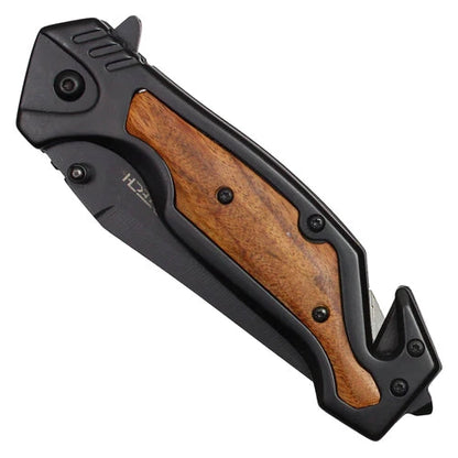 Wartech 8.5" Black Spring Assisted Pocket Knife with Black Wood inlay handle - PWT125BK