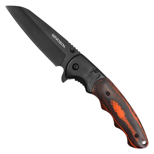 Wartech 8.5" Black Spring Assisted Pocket Knife w/ Dark Wood Inlay Handle - PWT126BK