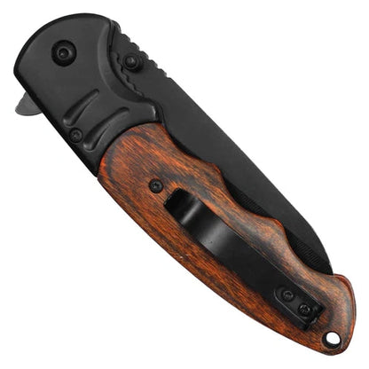 Wartech 8.5" Black Spring Assisted Pocket Knife w/ Dark Wood Inlay Handle - PWT126BK
