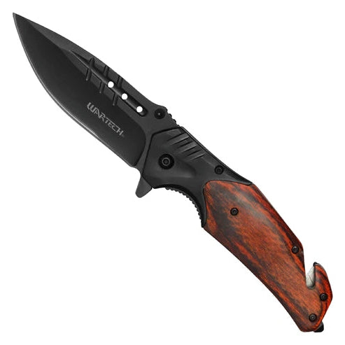 Wartech 8.5" Black Pocket Knife with wood inlay handle - PWT129BK