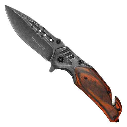 Wartech 8.5" stonewashed color Pocket Knife with dark wood inlay handle - PWT129GY
