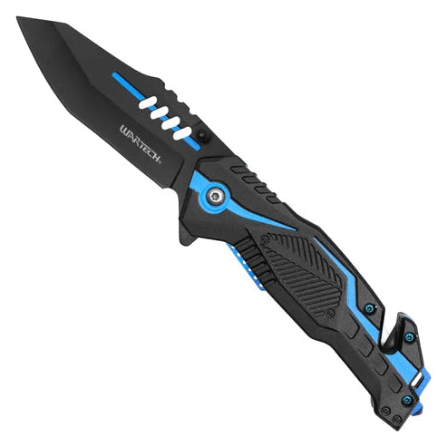 Wartech 8.5" Blue Stripe Tactical Spring Assisted Pocket Knife - PWT130BL