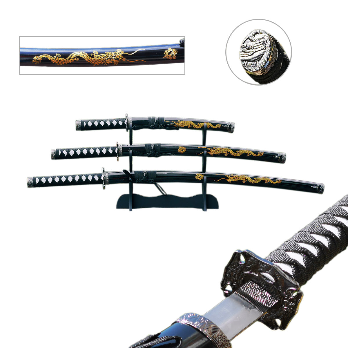 3 pcs Samurai Sword Set with Black plastic scabbard - SA025BK-DG