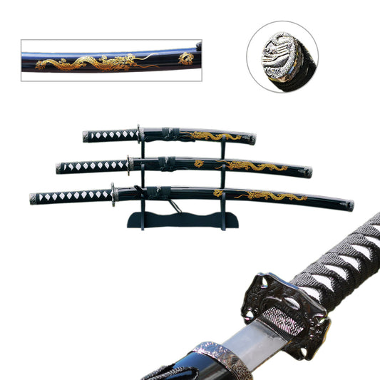 3 pcs Samurai Sword Set with Black plastic scabbard - SA025BK-DG