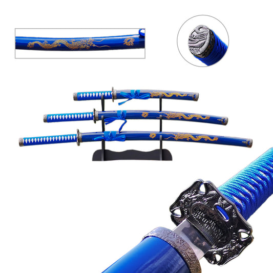 3 pcs Samurai Sword Set with Blue plastic scabbard - SA025BL-DG