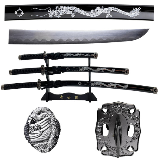 3 pcs Samurai Sword Set with Black plastic scabbard - SA123BK-DG