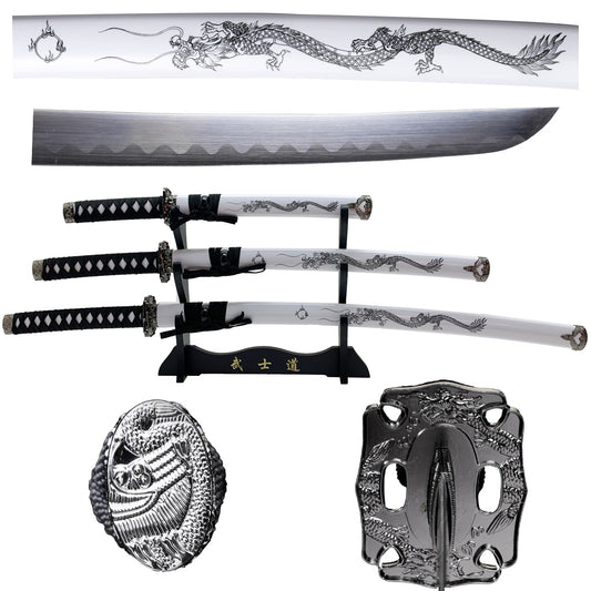 3 pcs Samurai Sword Set with White plastic scabbard - SA123WT-DG