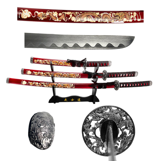 3 pcs Samurai Sword Set with Red plastic scabbard - SA124BD-DG