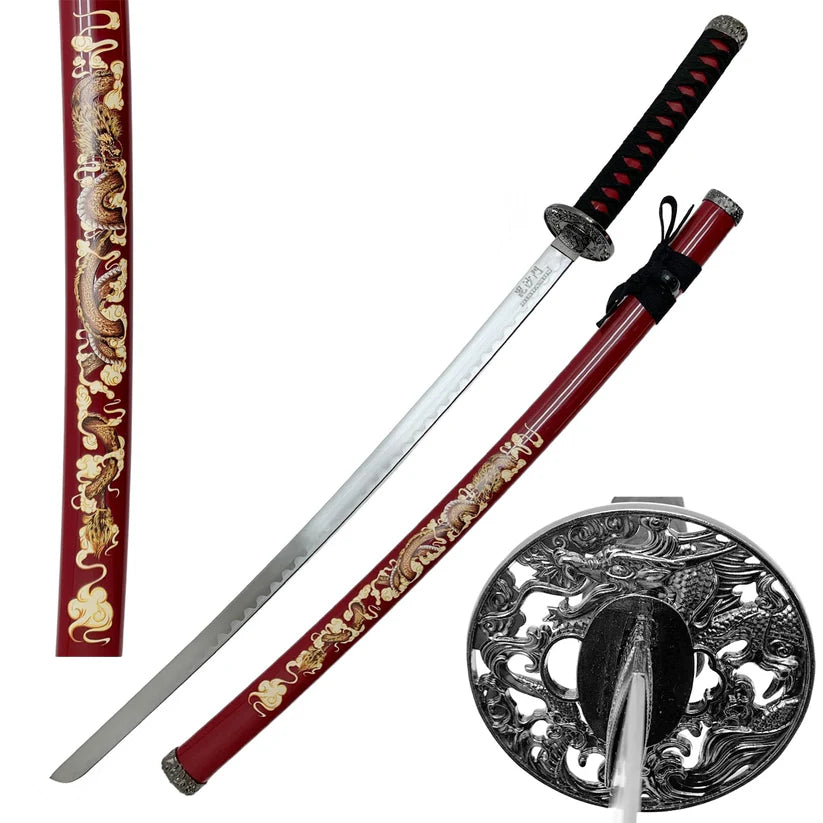 39.5" Samurai Sword with dragon print on Burgundy Red plastic scabbard - SA124BD-DGS