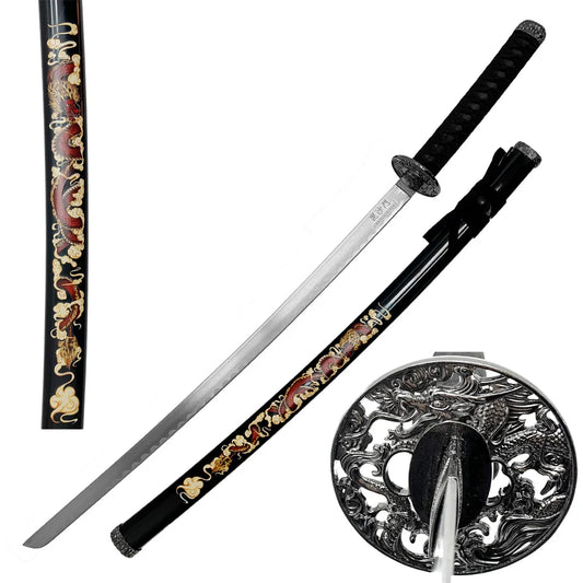 39.5" Samurai Sword with dragon print on Black plastic scabbard - SA124BK-DGS