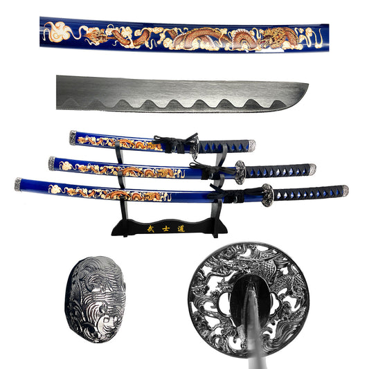3 pcs Samurai Sword Set with Blue plastic scabbard - SA124BL-DG