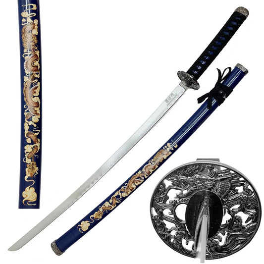 39.5" Samurai Sword with dragon print on Blue plastic scabbard - SA124BL-DGS