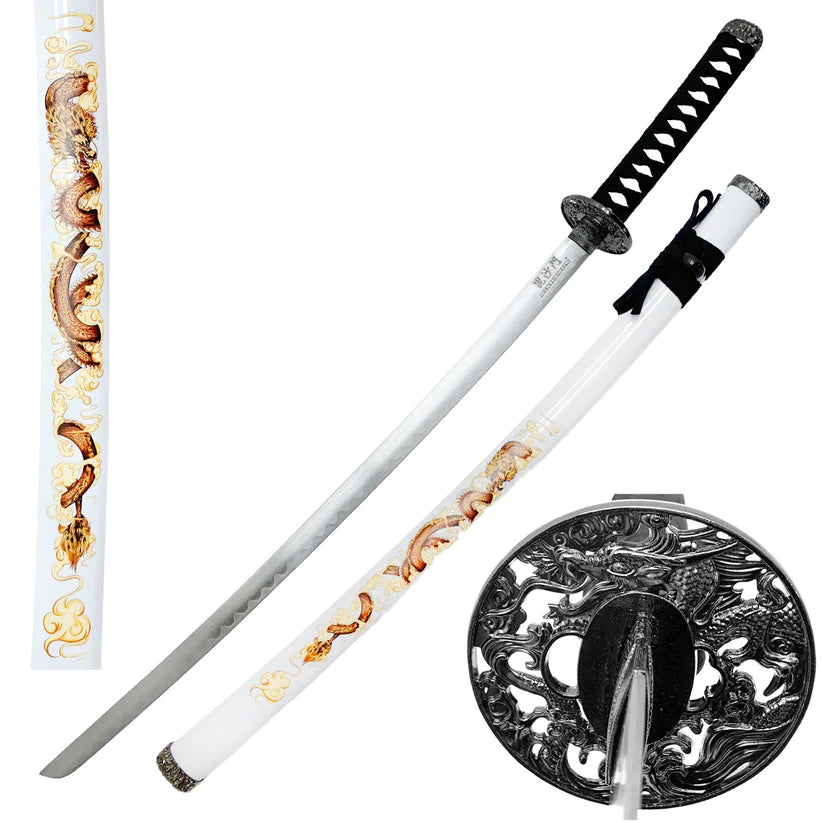 39.5" Samurai Sword with dragon print on White plastic scabbard - SA124WT-DGS