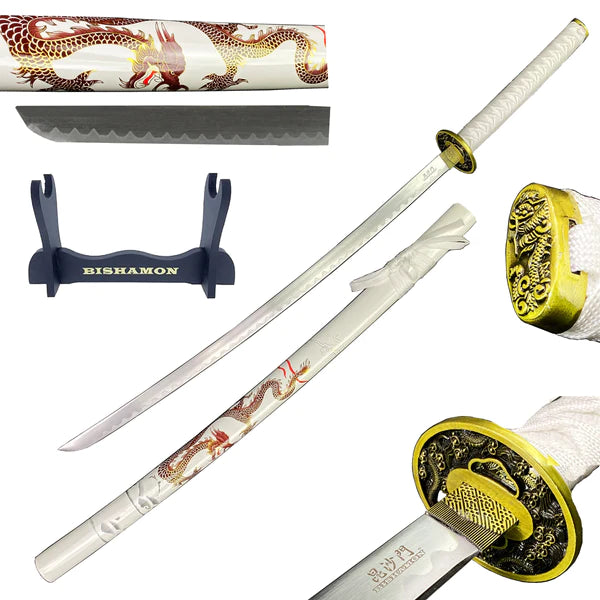 Bishamon 42 1/2" Samurai Sword White Dragon Scabbard w/ Stand - SA329WT