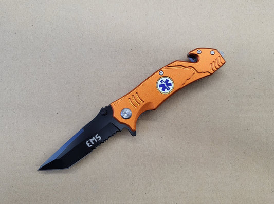 8" Spring Assist EMS Orange Serrated Tanto Blade Pocket Knife - T1047051EMS