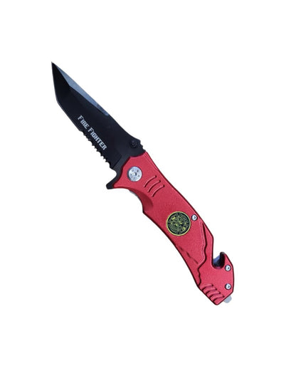 8" Spring Assist Fire Department Red Serrated Tanto Blade Pocket Knife - T1047051FF