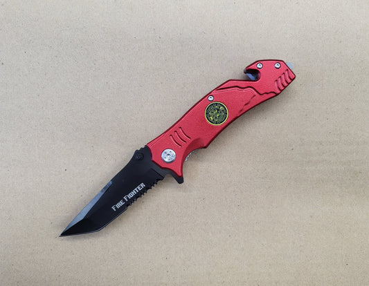 8" Spring Assist Fire Department Red Serrated Tanto Blade Pocket Knife - T1047051FF