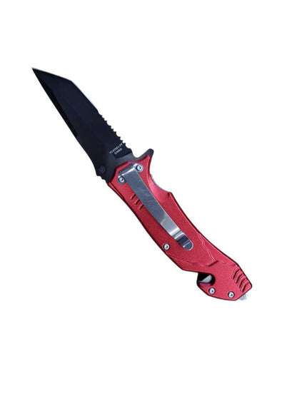 8" Spring Assist Fire Department Red Serrated Tanto Blade Pocket Knife - T1047051FF