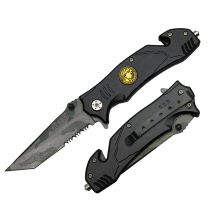 8" Spring Assist Marines Black Serrated Tanto Blade Pocket Knife - T1047051MA
