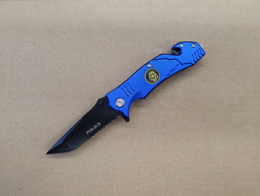 8" Spring Assist Police Blue Serrated Tanto Blade Pocket Knife - T1047051PO