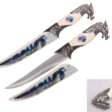 13 3/4″ Fantasy Dagger Blue Dragon on White Scabbard - T224852